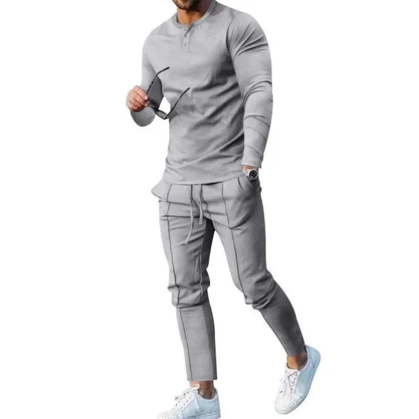 Men's Henley Shirt T-shirt Suits Tracksuit Tennis Shirt Long Sleeve Henley Spring & Fall Plain Gymnatics Casual 2 Piece Vacation Daily Wear Activewear Black White Navy Blue Top Tee for Men