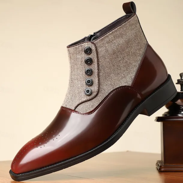 Men's Herringbone Fabric and Faux Leather Button-Up Ankle Boots – Vintage-Inspired Formal Dress Shoes for Business and Casual Occasions