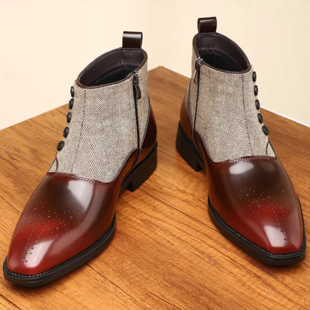 Men's Herringbone Fabric and Faux Leather Button-Up Ankle Boots – Vintage-Inspired Formal Dress Shoes for Business and Casual Occasions
