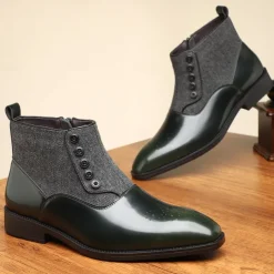 Men's Herringbone Fabric and Faux Leather Button-Up Ankle Boots – Vintage-Inspired Formal Dress Shoes for Business and Casual Occasions