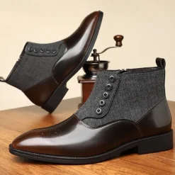 Men's Herringbone Fabric and Faux Leather Button-Up Ankle Boots – Vintage-Inspired Formal Dress Shoes for Business and Casual Occasions
