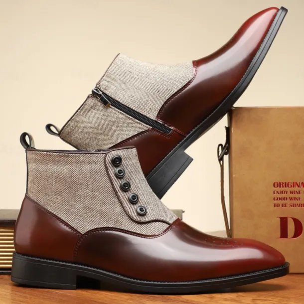 Men's Herringbone Fabric and Faux Leather Button-Up Ankle Boots – Vintage-Inspired Formal Dress Shoes for Business and Casual Occasions