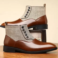 Men's Herringbone Fabric and Faux Leather Button-Up Ankle Boots – Vintage-Inspired Formal Dress Shoes for Business and Casual Occasions