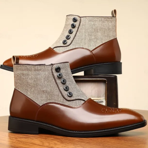 Men's Herringbone Fabric and Faux Leather Button-Up Ankle Boots – Vintage-Inspired Formal Dress Shoes for Business and Casual Occasions