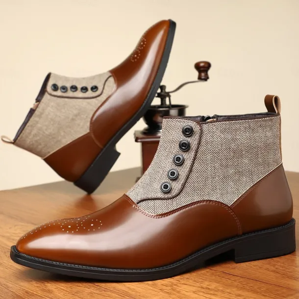 Men's Herringbone Fabric and Faux Leather Button-Up Ankle Boots – Vintage-Inspired Formal Dress Shoes for Business and Casual Occasions