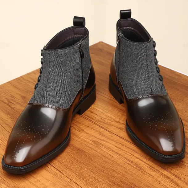 Men's Herringbone Fabric and Faux Leather Button-Up Ankle Boots – Vintage-Inspired Formal Dress Shoes for Business and Casual Occasions