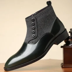 Men's Herringbone Fabric and Faux Leather Button-Up Ankle Boots – Vintage-Inspired Formal Dress Shoes for Business and Casual Occasions