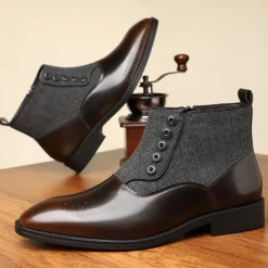 Men's Herringbone Fabric and Faux Leather Button-Up Ankle Boots – Vintage-Inspired Formal Dress Shoes for Business and Casual Occasions