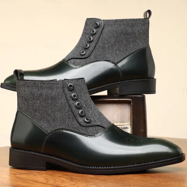 Men's Herringbone Fabric and Faux Leather Button-Up Ankle Boots – Vintage-Inspired Formal Dress Shoes for Business and Casual Occasions