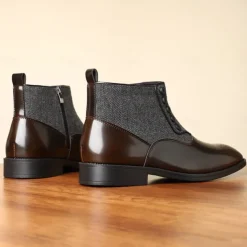 Men's Herringbone Fabric and Faux Leather Button-Up Ankle Boots – Vintage-Inspired Formal Dress Shoes for Business and Casual Occasions