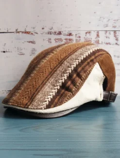 Men's Herringbone Ivy Cap with Adjustable Leather Strap - Vintage Style Flat Cap, Ideal for Casual Wear and Outdoor Activities