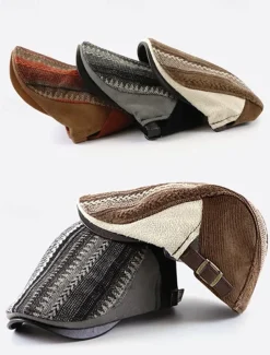 Men's Herringbone Ivy Cap with Adjustable Leather Strap - Vintage Style Flat Cap, Ideal for Casual Wear and Outdoor Activities