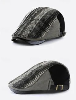 Men's Herringbone Ivy Cap with Adjustable Leather Strap - Vintage Style Flat Cap, Ideal for Casual Wear and Outdoor Activities