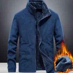 Men's Hiking Fleece Jacket Windbreaker Polar Fleece Winter Outdoor Solid Color Thermal Warm Windproof Lightweight Stand Collar Outerwear Trench Coat Top Single Slider Hunting Fishing Climbing Blue