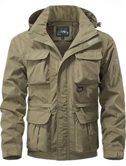 Men's Hiking Jacket Tactical Jacket Windcheater Jacket Sports Outdoor Camping & Hiking Waterproof Windbreaker Detachable Design Spring & Fall Solid Color Active Hooded Regular Black Green Khaki