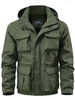 Men's Hiking Jacket Tactical Jacket Windcheater Jacket Sports Outdoor Camping & Hiking Waterproof Windbreaker Detachable Design Spring & Fall Solid Color Active Hooded Regular Black Green Khaki