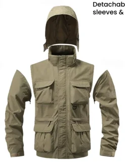 Men's Hiking Jacket Tactical Jacket Windcheater Jacket Sports Outdoor Camping & Hiking Waterproof Windbreaker Detachable Design Spring & Fall Solid Color Active Hooded Regular Black Green Khaki