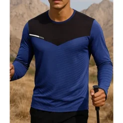 Men's Hiking Tee shirt Hiking Sweatshirt Hiking top Long Sleeve Crew Neck Tee Tshirt Top Outdoor Breathable Quick Dry Lightweight Elastic Pullover Polyester Patchwork Black White Army Green Tennis