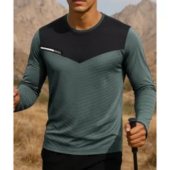 Men's Hiking Tee shirt Hiking Sweatshirt Hiking top Long Sleeve Crew Neck Tee Tshirt Top Outdoor Breathable Quick Dry Lightweight Elastic Pullover Polyester Patchwork Black White Army Green Tennis