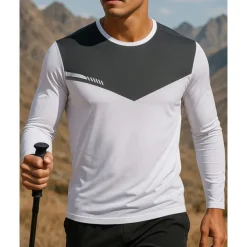 Men's Hiking Tee shirt Hiking Sweatshirt Hiking top Long Sleeve Crew Neck Tee Tshirt Top Outdoor Breathable Quick Dry Lightweight Elastic Pullover Polyester Patchwork Black White Army Green Tennis