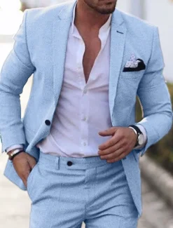 Men's Homecoming Linen Linen Suits Notch Light Blue pea green Solid Colored Tailored Fit 2 Piece Single Breasted One-button