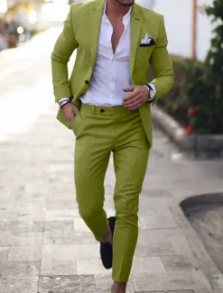 Men's Homecoming Linen Linen Suits Notch Light Blue pea green Solid Colored Tailored Fit 2 Piece Single Breasted One-button