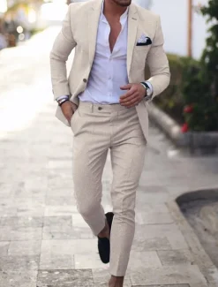 Men's Homecoming Linen Linen Suits Notch Light Blue pea green Solid Colored Tailored Fit 2 Piece Single Breasted One-button