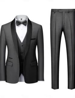 Men's Homecoming Prom Tuxedos Dark Grey Black Textured Tailored Fit 3 Piece Single Breasted One-button