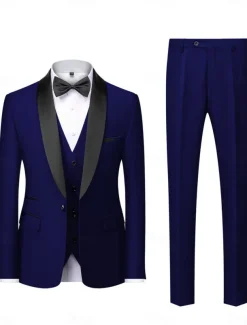 Men's Homecoming Prom Tuxedos Dark Grey Black Textured Tailored Fit 3 Piece Single Breasted One-button