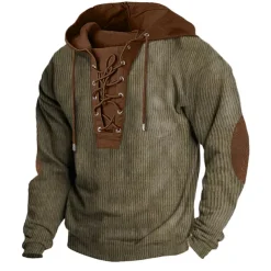 Men's Hoodie Army Green Navy Blue Brown Khaki Hooded Color Block Lace up Patchwork Ribbed Sports & Outdoor Daily Holiday Corduroy Streetwear Cool Casual Spring & Fall Clothing Apparel Hoodies