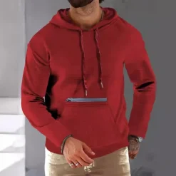 Men's Hoodie Black Army Green Red Khaki Hooded Plain Ribbed Front Pocket Textured Sports & Outdoor Daily Holiday Streetwear Basic Casual Spring & Fall Clothing Apparel Hoodies Sweatshirts Long