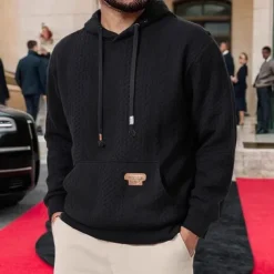 Men's Hoodie Black White Coffee Hooded Plain Jacquard Ribbed Front Pocket Textured Sports & Outdoor Daily Holiday Polyester Textured Streetwear Basic Casual Spring & Fall Clothing Apparel Hoodies