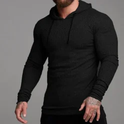 Men's Hoodie Black White Gray Hooded Solid Color Ribbed Textured Knit-texture Sports & Outdoor Polyester Active Winter Clothing Apparel Hoodies Sweatshirts Long Sleeve Slim