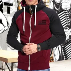 Men's Hoodie Hoodie Jacket Patchwork Full Zip Long Sleeve Hoodie Casual Athleisure Fall Breathable Quick Dry Soft Gym Workout Running Walking Sportswear Activewear Graphic Dark Grey Wine Red Black