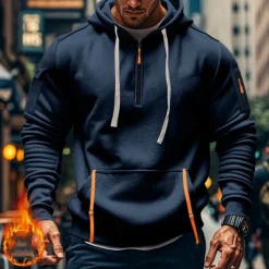 Men's Hoodie Quarter Zip Hoodie Black Navy Blue Khaki Light Grey Dark Gray Hooded Plain Pocket Sports & Outdoor Daily Holiday Polyester Streetwear Basic Casual Spring & Fall Clothing Apparel Hoodies