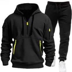 Men's Hoodie Tracksuit Sweatsuit Black White Navy Blue Blue Light Grey Hooded Half Zip Plain 2 Piece Sports & Outdoor Daily Holiday Polyester Streetwear Casual Spring & Fall Clothing Apparel Hoodies