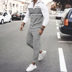 Men's Hoodie Tracksuit Sweatsuit Black White Royal Blue Khaki Dark Gray Hooded Stripes 2 Piece Sports & Outdoor Daily Holiday Streetwear Basic Casual Spring & Fall Clothing Apparel Hoodies