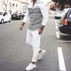 Men's Hoodie Tracksuit Sweatsuit Black White Royal Blue Khaki Dark Gray Hooded Stripes 2 Piece Sports & Outdoor Daily Holiday Streetwear Basic Casual Spring & Fall Clothing Apparel Hoodies