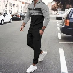 Men's Hoodie Tracksuit Sweatsuit Black White Royal Blue Khaki Dark Gray Hooded Stripes 2 Piece Sports & Outdoor Daily Holiday Streetwear Basic Casual Spring & Fall Clothing Apparel Hoodies