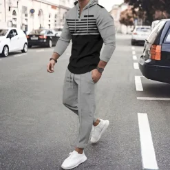 Men's Hoodie Tracksuit Sweatsuit Black White Royal Blue Khaki Dark Gray Hooded Stripes 2 Piece Sports & Outdoor Daily Holiday Streetwear Basic Casual Spring & Fall Clothing Apparel Hoodies