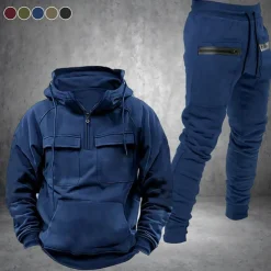 Men's Hoodie Tracksuit Sweatsuit Quarter Zip Hoodie Black Wine Navy Blue Hooded Plain Drawstring 2 Piece Front Pocket Sports & Outdoor Daily Holiday Polyester Streetwear Basic Casual Fall & Winter