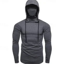 Men's Hoodie with Mask Fitness Hoodie Workout Hoodie Long Sleeve Hoodie Casual Athleisure Fall Thermal Warm Windproof Breathable Gym Workout Running Walking Sportswear Activewear Solid Colored Black