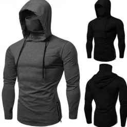 Men's Hoodie with Mask Fitness Hoodie Workout Hoodie Long Sleeve Hoodie Casual Athleisure Fall Thermal Warm Windproof Breathable Gym Workout Running Walking Sportswear Activewear Solid Colored Black