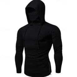 Men's Hoodie with Mask Fitness Hoodie Workout Hoodie Long Sleeve Hoodie Casual Athleisure Fall Thermal Warm Windproof Breathable Gym Workout Running Walking Sportswear Activewear Solid Colored Black