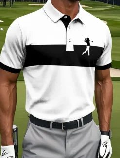 Men's Horizontal Stripes Golf Polo Short Sleeve Polo Shirts Collared Shirts Sportswear Athleisure Daily Wear Buttons Summer White Red Blue