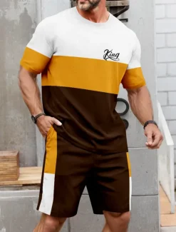 Men's Horizontal Stripes 2pcs Tees sets Summer Tops Short Sleeve Short Pants Crew Neck Sport Casual Outdoor Vacation Sport 3D Print Summer Pink Brown Green