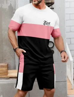 Men's Horizontal Stripes 2pcs Tees sets Summer Tops Short Sleeve Short Pants Crew Neck Sport Casual Outdoor Vacation Sport 3D Print Summer Pink Brown Green