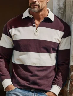 Men's Horizontal Stripes Rugby Polo Long Sleeve Polo Shirts Collared Shirts Sportswear Casual School Outdoor Athleisure 3D Print Spring Fall Winter Maroon Blue Green