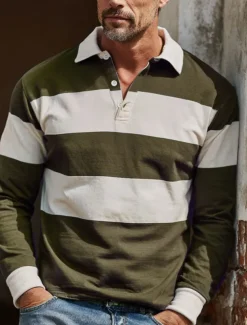 Men's Horizontal Stripes Rugby Polo Long Sleeve Polo Shirts Collared Shirts Sportswear Casual School Outdoor Athleisure 3D Print Spring Fall Winter Maroon Blue Green