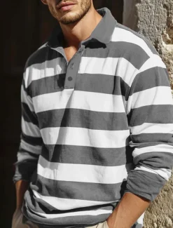 Men's Horizontal Stripes Rugby Polo Long Sleeve Polo Shirts Collared Shirts Sportswear Casual School Outdoor Athleisure 3D Print Spring Fall Winter Maroon Blue Green